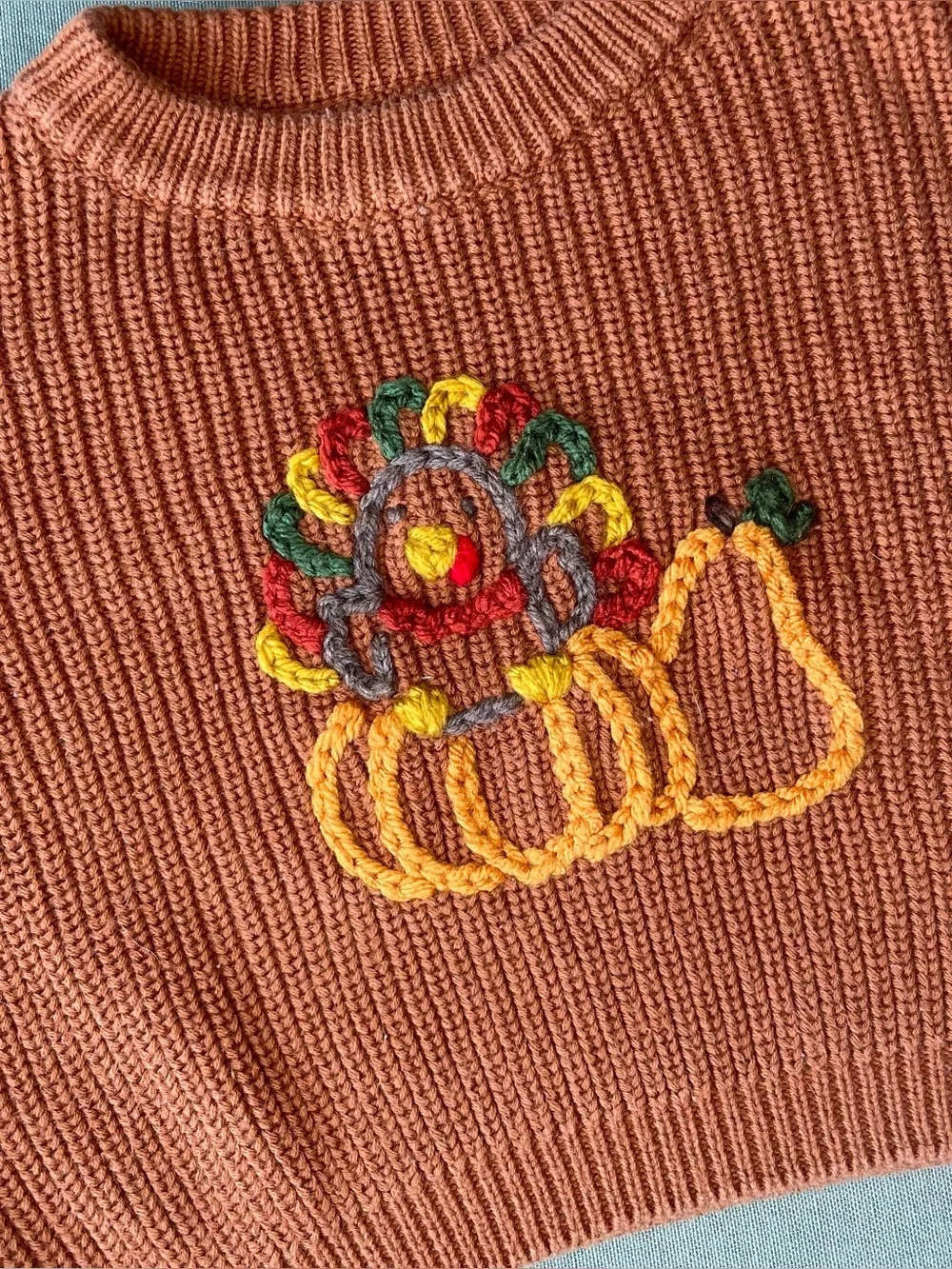Upcycled Autumn Orange Knit Sweater with Pumpkin Hand Embroidery